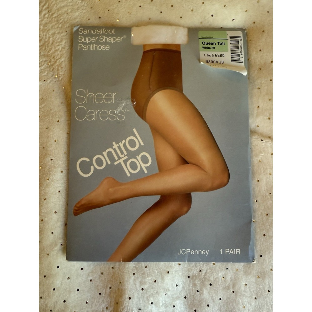 Vintage Sheer Caress Control  Top Pantihose White Queen Tall In Package